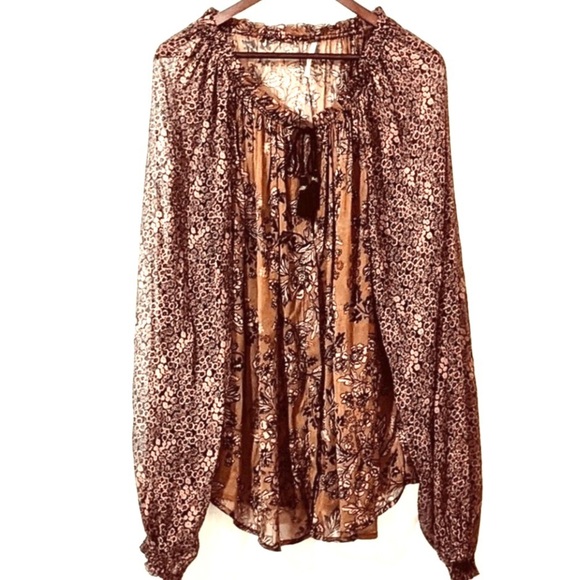 FREE PEOPLE Boho Sheer Chiffon Floral Blouse Brown/Black - Picture 5 of 8